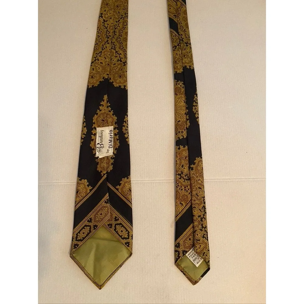 Vintage The Broadway by Di Mario Silk Tie Ornate Gold Black Italian Foulard